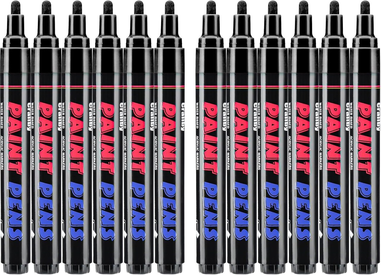 Black Paint Pens Paint Markers - 12 Pack Permanent Quick Dry Waterproof Marker Pens for Rocks Wood Fabric Plastic Canvas Glass Mugs Metal Tire Stone
